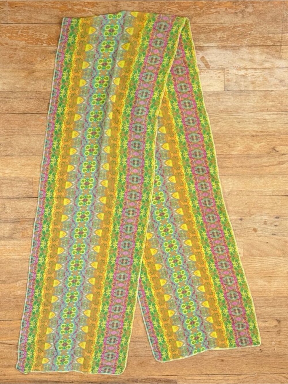 Vintage Rainbow Patterned Silk Scarf 90s Handmade Oblong Colorful Bohemian
